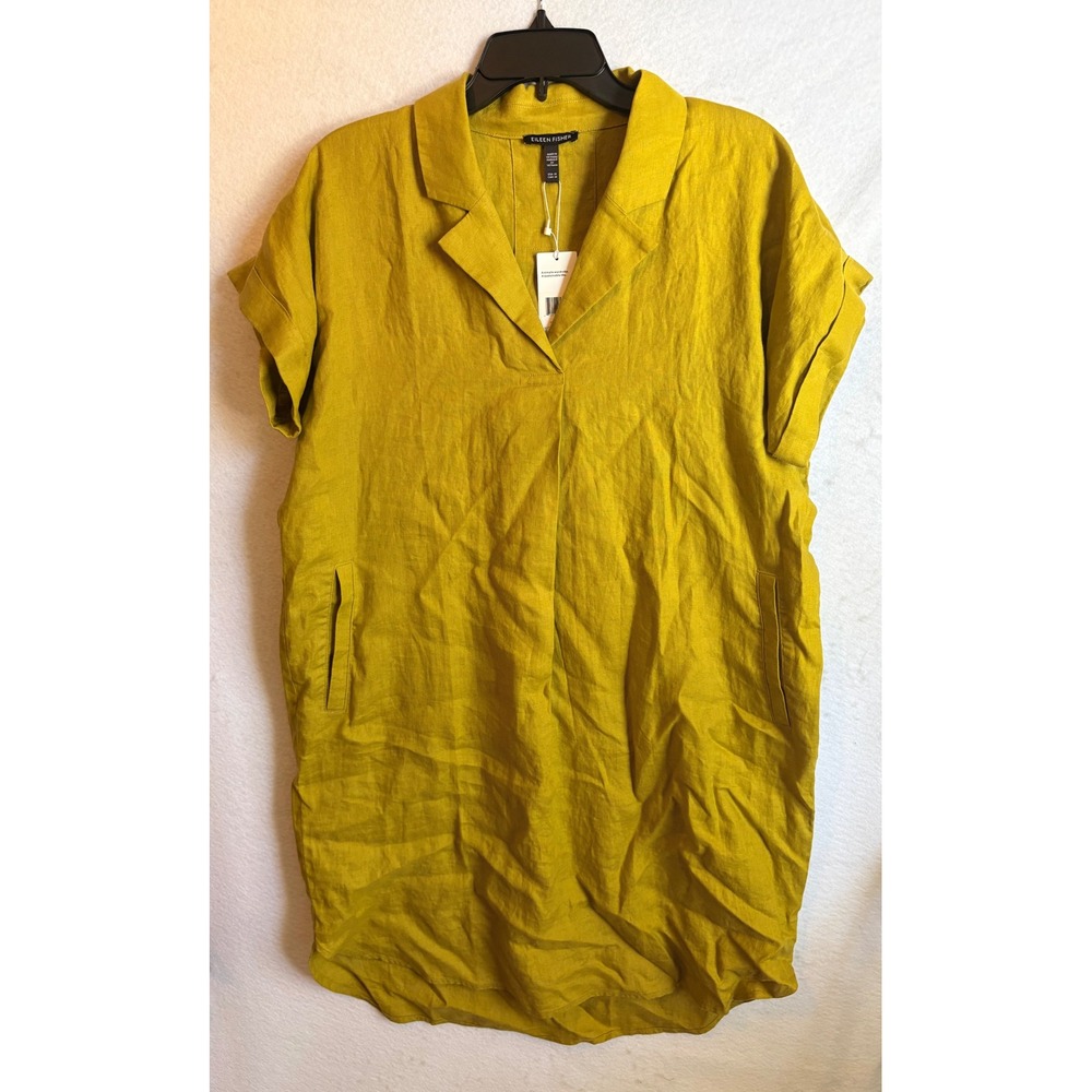 Eileen Fisher Organic Linen Notch Collar Shift Dress M NWT